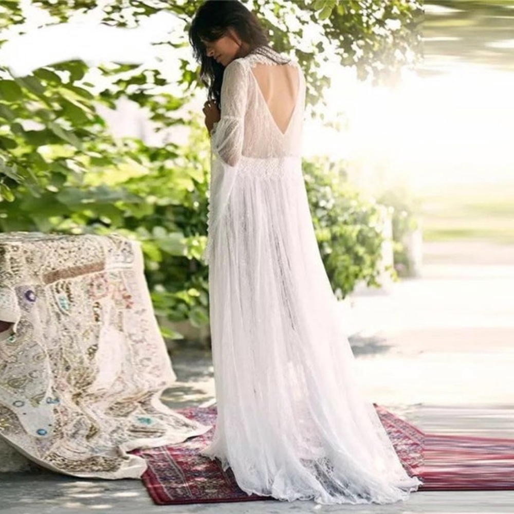 Bohemian Festival White EyeLash Lace Sheer A Line Unlined Maxi Coverup Dress - Picture 2 of 10